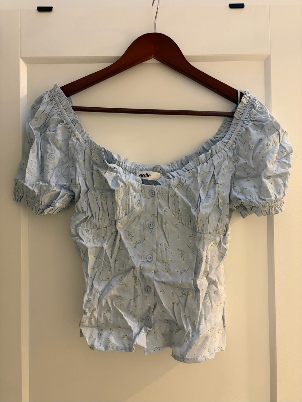 Elodie Light Blue Floral Button Front Puff Sleeve Top